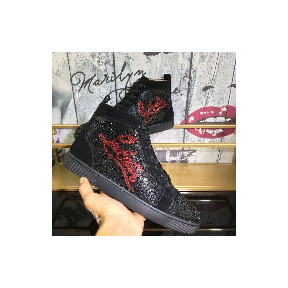 Cheap Christian Louboutin Louis Strass High-Top Sneakers Suede Logo Rhinestones Embellishment Black
