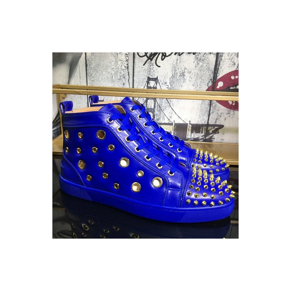 Fake Christian Louboutin Bubble Spikes High-Top Sneakers Calfskin Blue, Replica CL Shoes