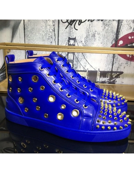 Fake Christian Louboutin Bubble Spikes High-Top Sneakers Calfskin Blue, Replica CL Shoes