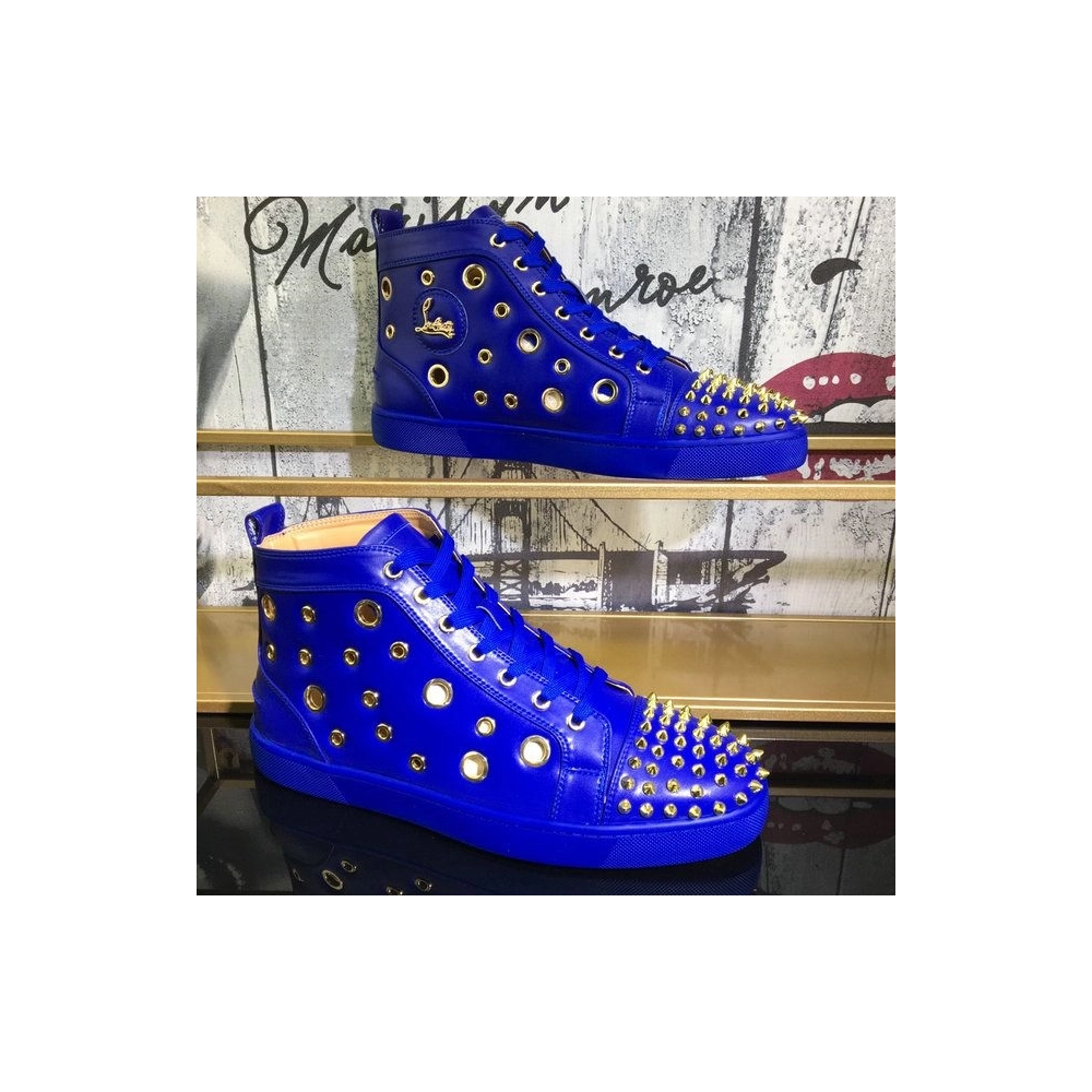 Fake Christian Louboutin Bubble Spikes High-Top Sneakers Calfskin Blue, Replica CL Shoes