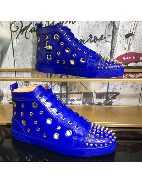 Fake Christian Louboutin Bubble Spikes High-Top Sneakers Calfskin Blue, Replica CL Shoes