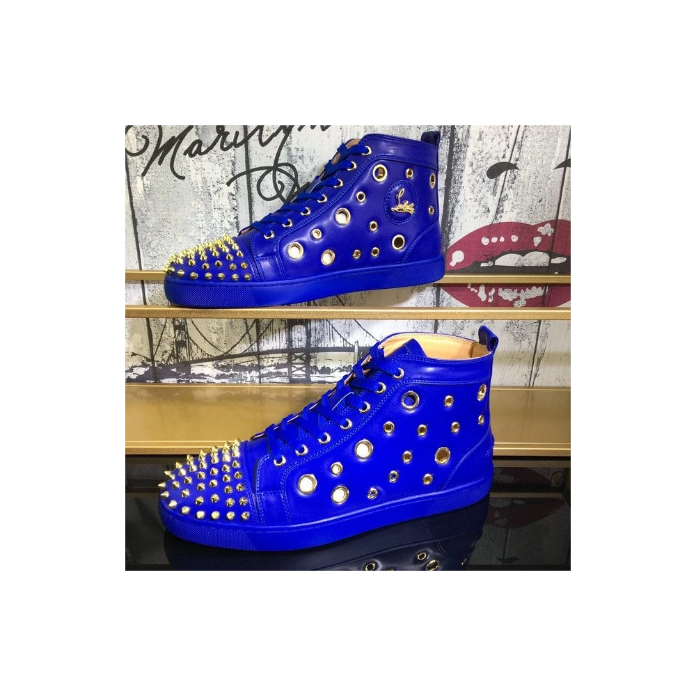 Fake Christian Louboutin Bubble Spikes High-Top Sneakers Calfskin Blue, Replica CL Shoes