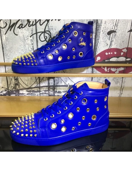 Fake Christian Louboutin Bubble Spikes High-Top Sneakers Calfskin Blue, Replica CL Shoes