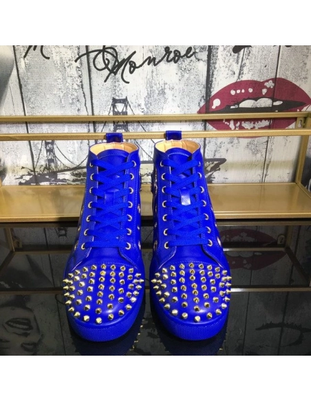 Fake Christian Louboutin Bubble Spikes High-Top Sneakers Calfskin Blue, Replica CL Shoes