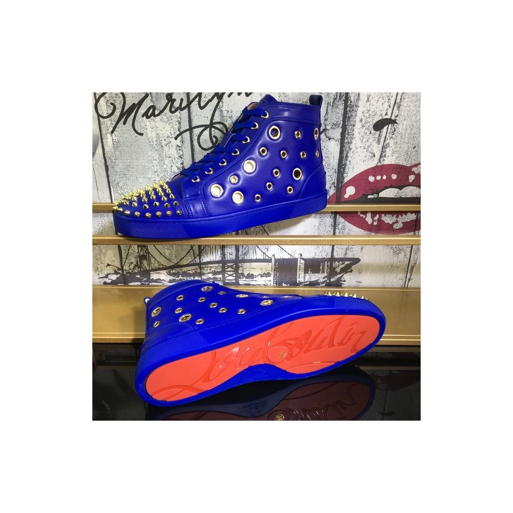 Fake Christian Louboutin Bubble Spikes High-Top Sneakers Calfskin Blue, Replica CL Shoes