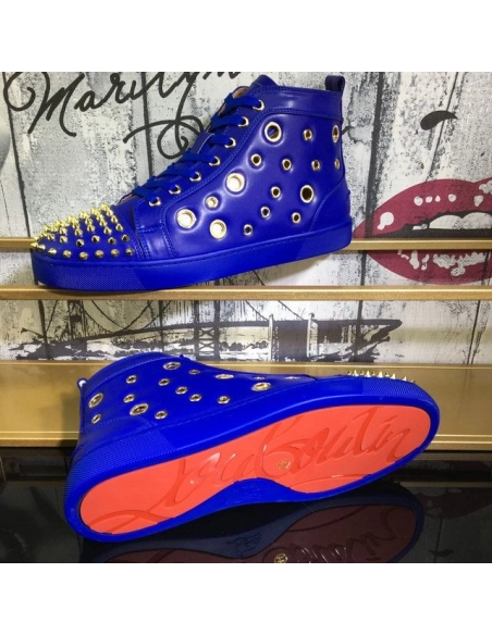 Fake Christian Louboutin Bubble Spikes High-Top Sneakers Calfskin Blue, Replica CL Shoes