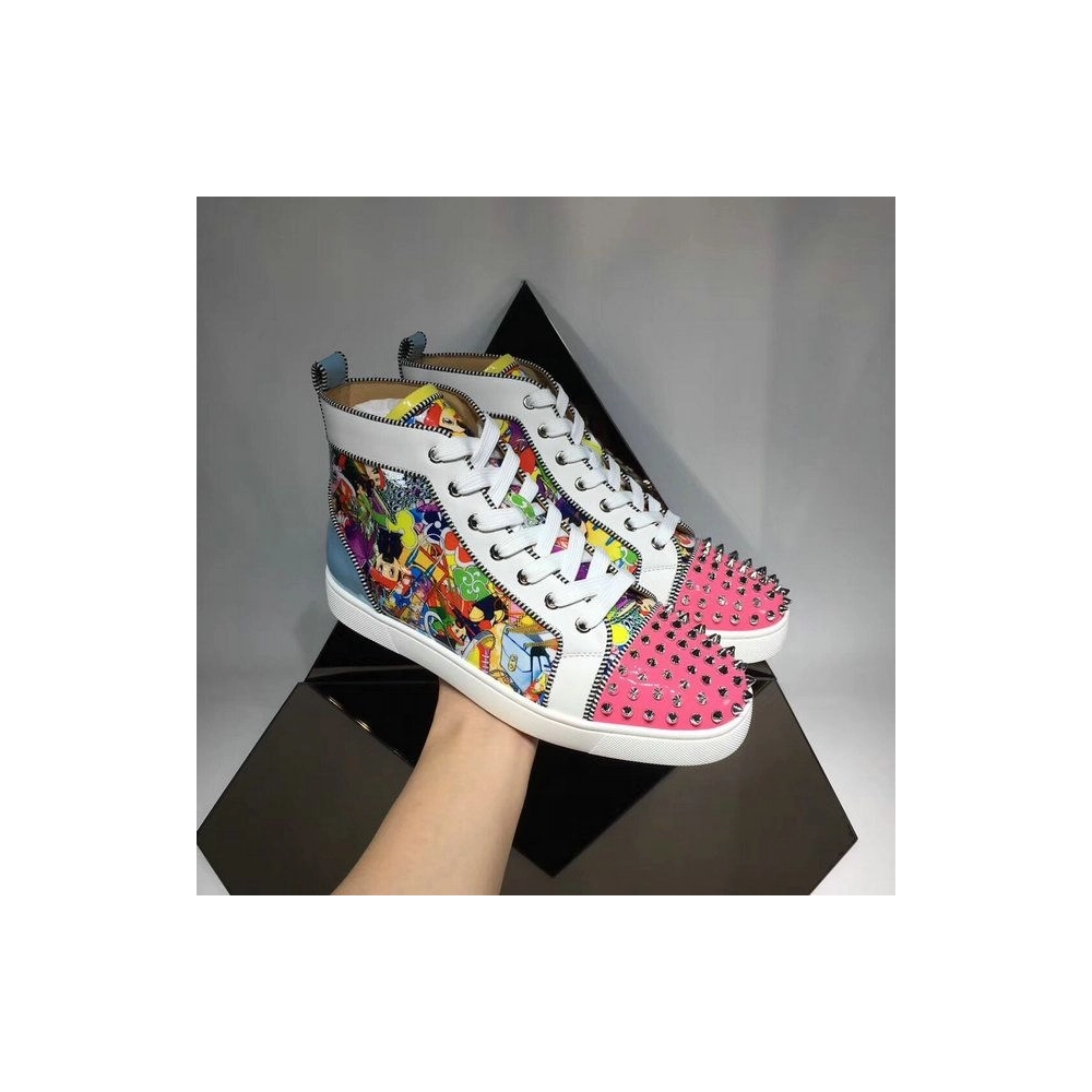 Cheap Christian Louboutin Louis Spikes Orlato High-Top Sneakers Calf and Patent Leather Multi for Sale