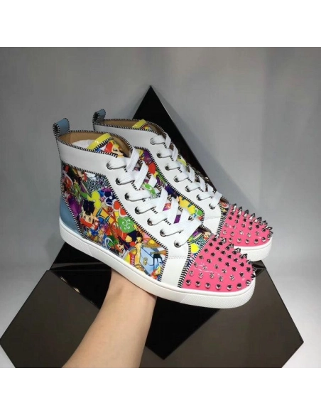 Cheap Christian Louboutin Louis Spikes Orlato High-Top Sneakers Calf and Patent Leather Multi for Sale