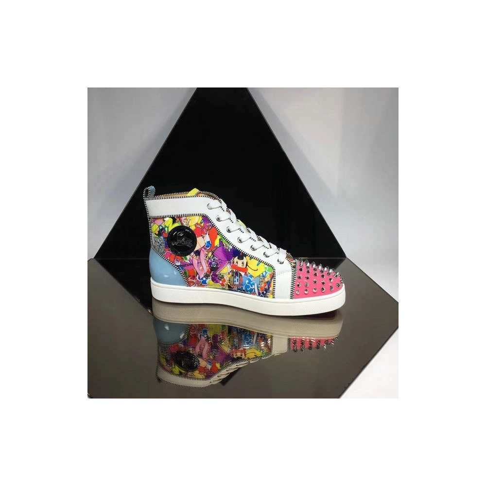 Cheap Christian Louboutin Louis Spikes Orlato High-Top Sneakers Calf and Patent Leather Multi for Sale