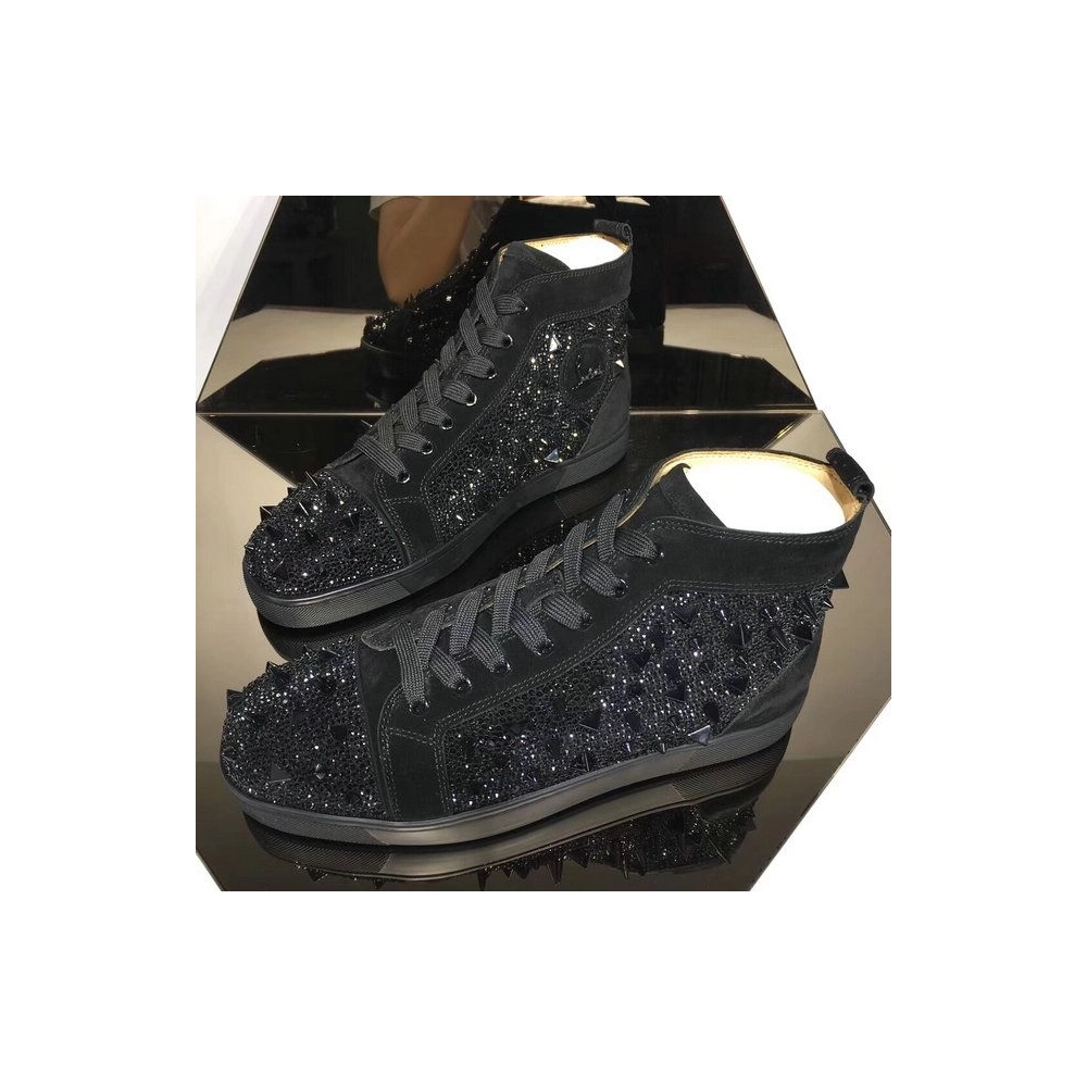 Replica Christian Louboutin Lou Pik Pik Strass High-Top Sneakers Suede Leather Black