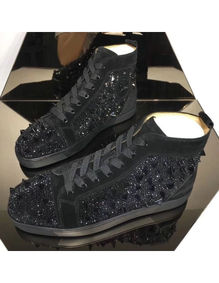 Replica Christian Louboutin Lou Pik Pik Strass High-Top Sneakers Suede Leather Black