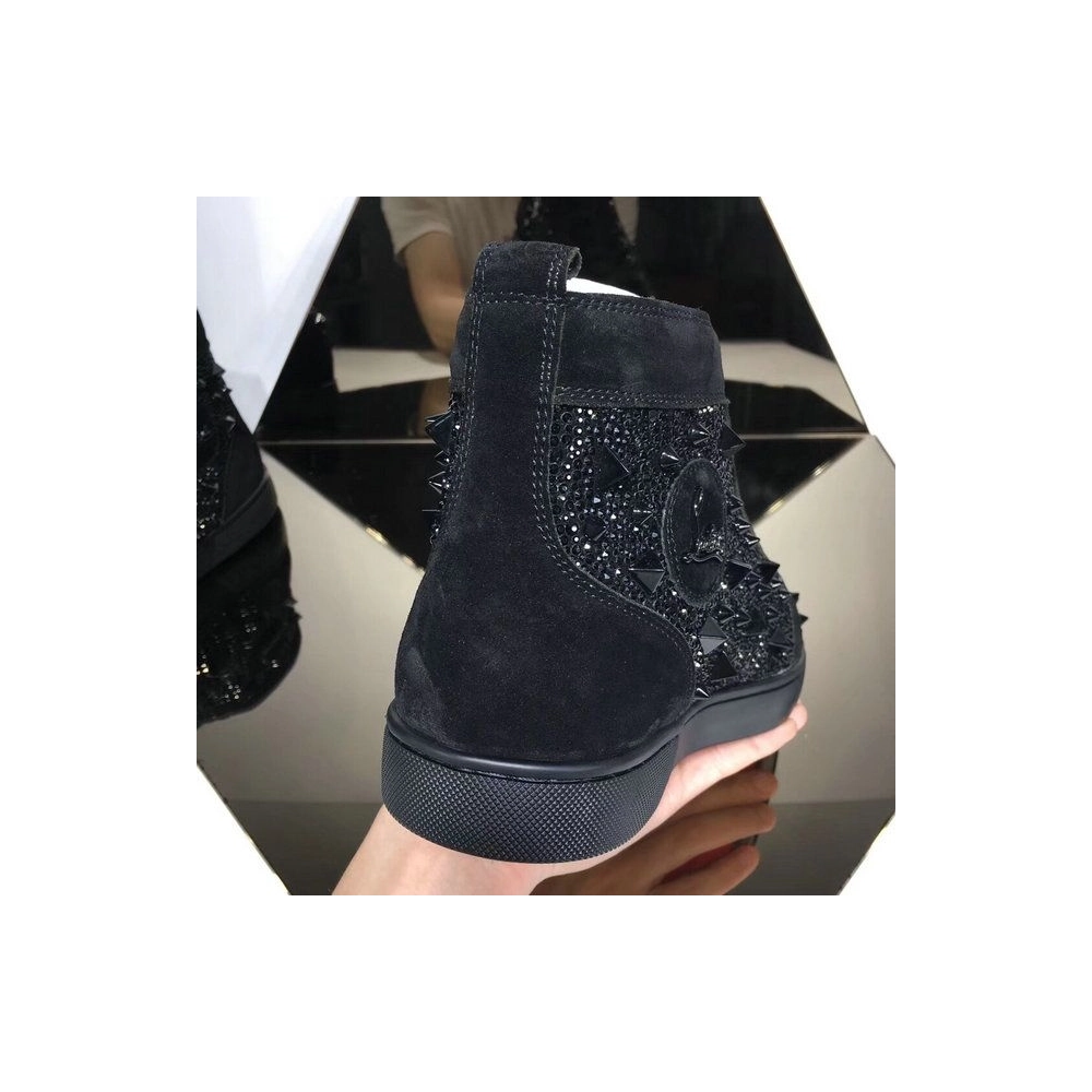 Replica Christian Louboutin Lou Pik Pik Strass High-Top Sneakers Suede Leather Black