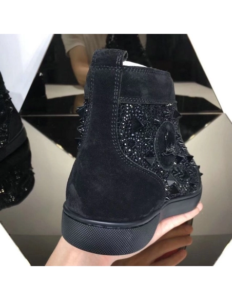 Replica Christian Louboutin Lou Pik Pik Strass High-Top Sneakers Suede Leather Black