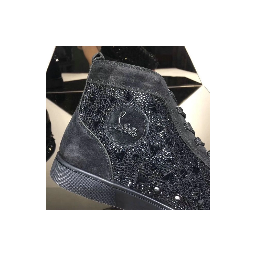 Replica Christian Louboutin Lou Pik Pik Strass High-Top Sneakers Suede Leather Black