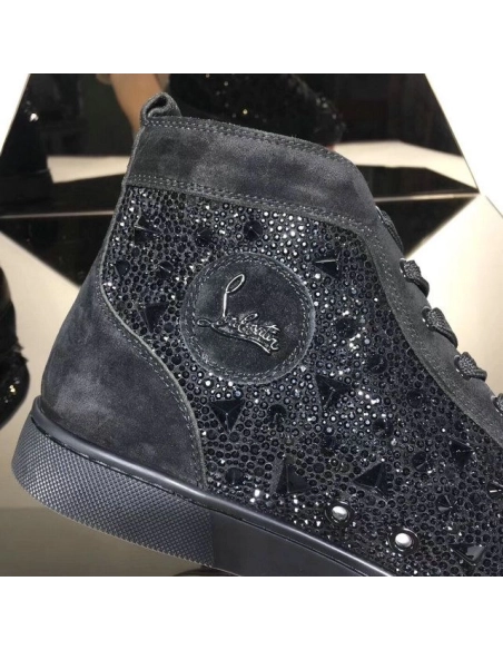 Replica Christian Louboutin Lou Pik Pik Strass High-Top Sneakers Suede Leather Black