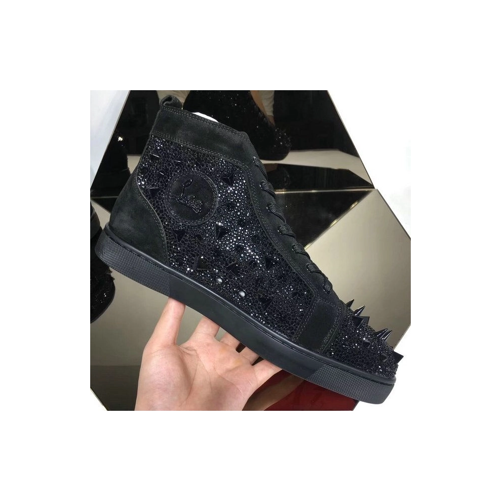 Replica Christian Louboutin Lou Pik Pik Strass High-Top Sneakers Suede Leather Black