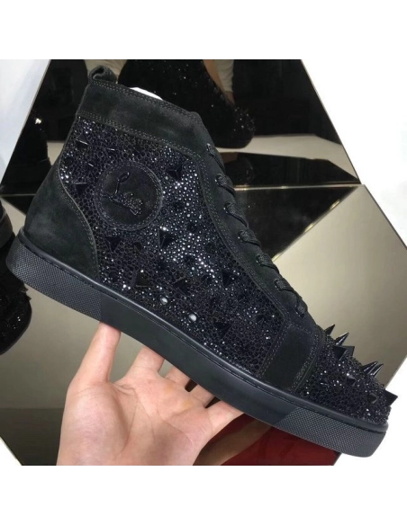 Replica Christian Louboutin Lou Pik Pik Strass High-Top Sneakers Suede Leather Black