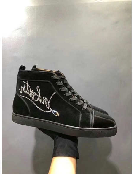 Christian Louboutin Louis Strass Flat High-top Sneakers Suede and Patent Leather Black Outlet Sale