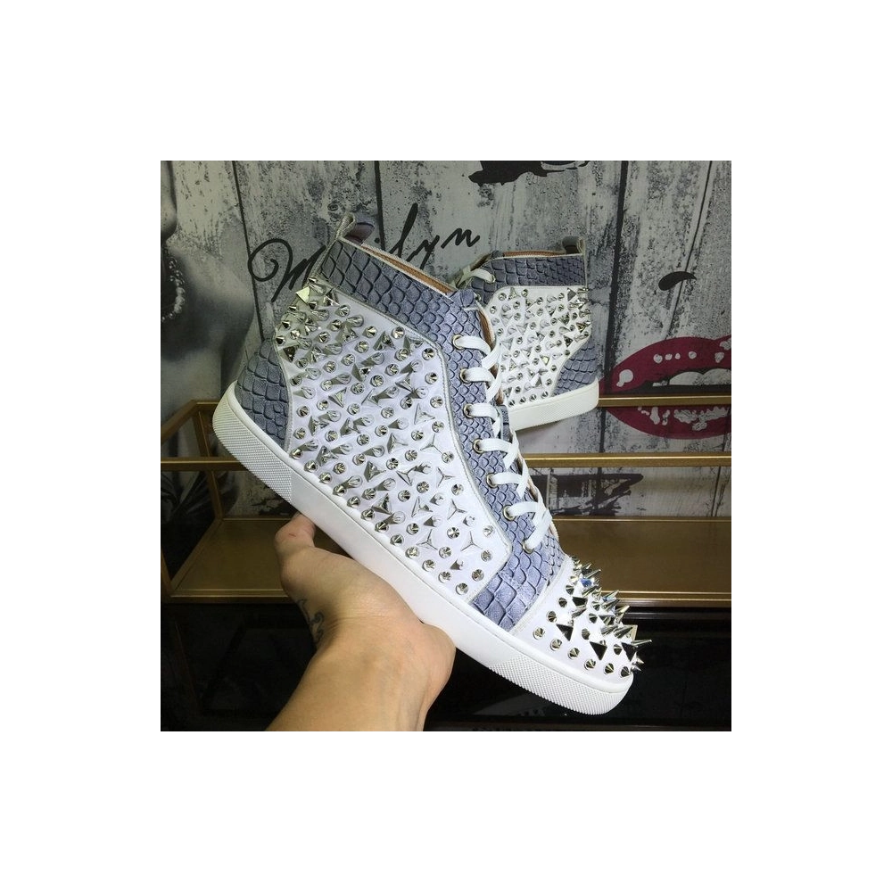 Replica Christian Louboutin Lou Pik Pik High-top Sneakers Leather And Python White Gray