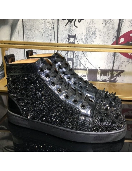 Fake Christian Louboutin Lou Pik Pik Strass High-Top Sneakers Spikes Leather Black