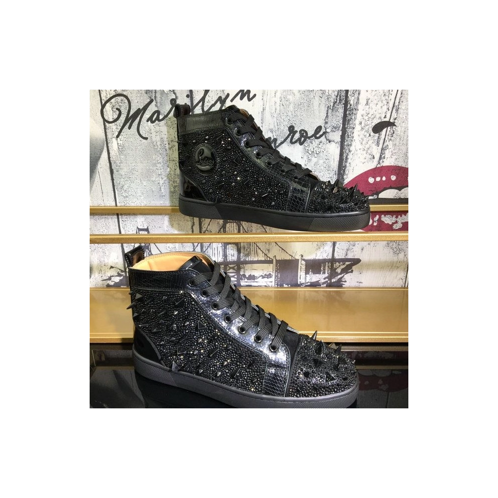 Fake Christian Louboutin Lou Pik Pik Strass High-Top Sneakers Spikes Leather Black