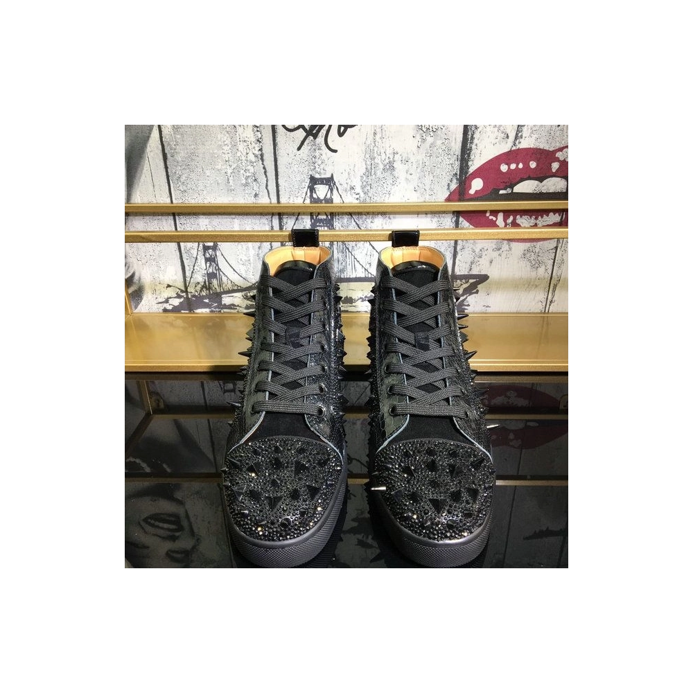 Fake Christian Louboutin Lou Pik Pik Strass High-Top Sneakers Spikes Leather Black