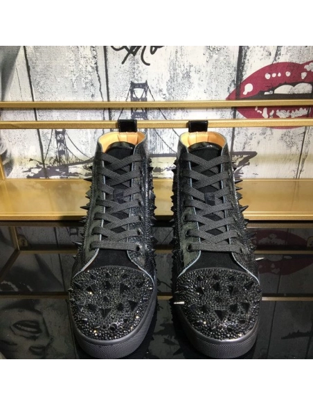 Fake Christian Louboutin Lou Pik Pik Strass High-Top Sneakers Spikes Leather Black