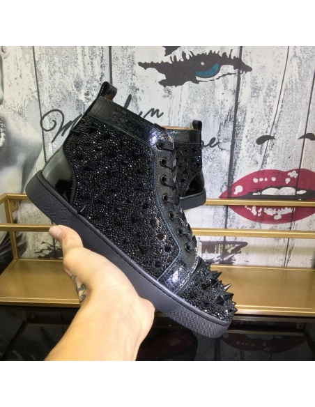Fake Christian Louboutin Lou Pik Pik Strass High-Top Sneakers Spikes Leather Black