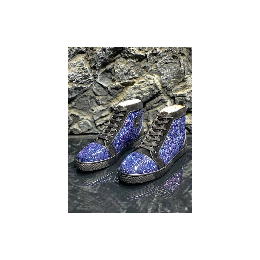Discount Christian Louboutin Louis Strass High-top Sneakers Suede Black Blue Outlet Online
