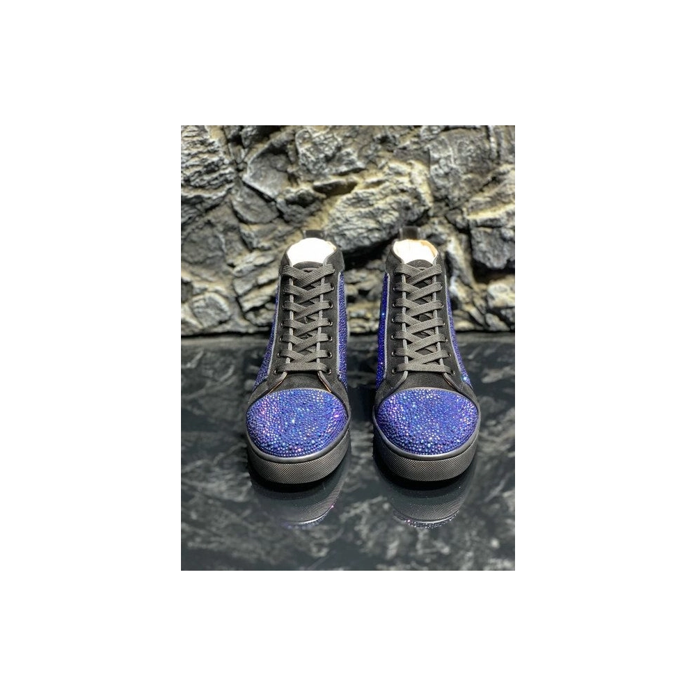 Discount Christian Louboutin Louis Strass High-top Sneakers Suede Black Blue Outlet Online