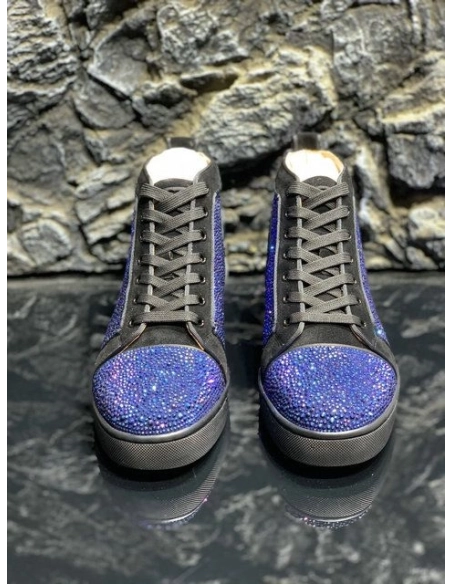 Discount Christian Louboutin Louis Strass High-top Sneakers Suede Black Blue Outlet Online