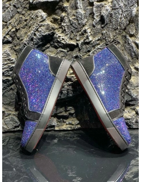 Discount Christian Louboutin Louis Strass High-top Sneakers Suede Black Blue Outlet Online