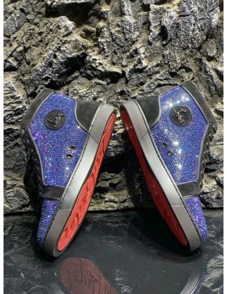 Discount Christian Louboutin Louis Strass High-top Sneakers Suede Black Blue Outlet Online