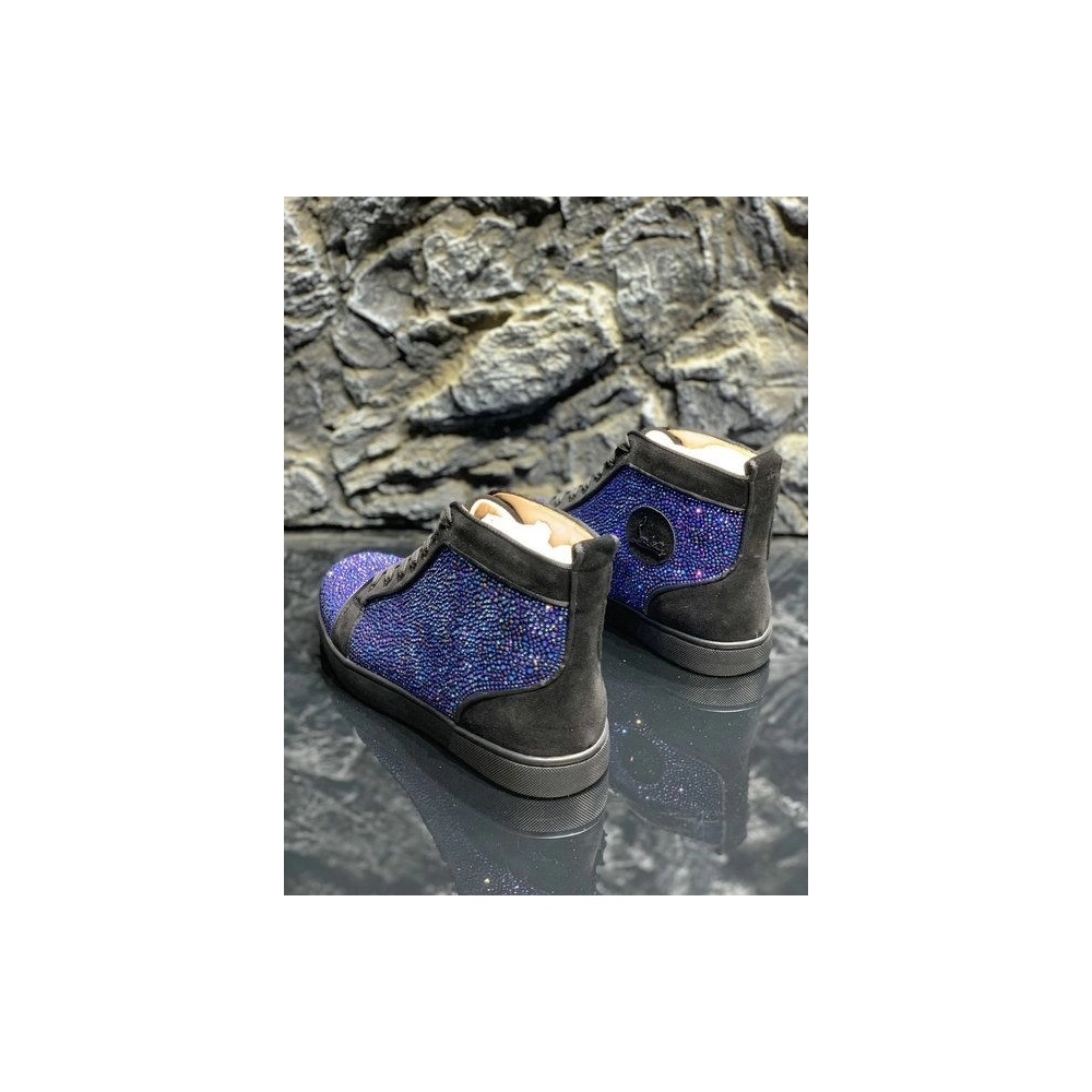 Discount Christian Louboutin Louis Strass High-top Sneakers Suede Black Blue Outlet Online