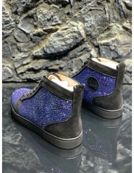 Discount Christian Louboutin Louis Strass High-top Sneakers Suede Black Blue Outlet Online