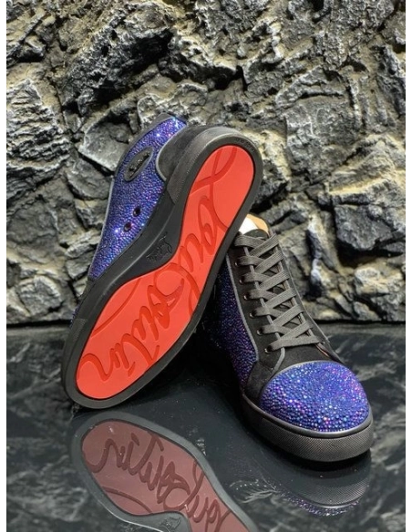Discount Christian Louboutin Louis Strass High-top Sneakers Suede Black Blue Outlet Online