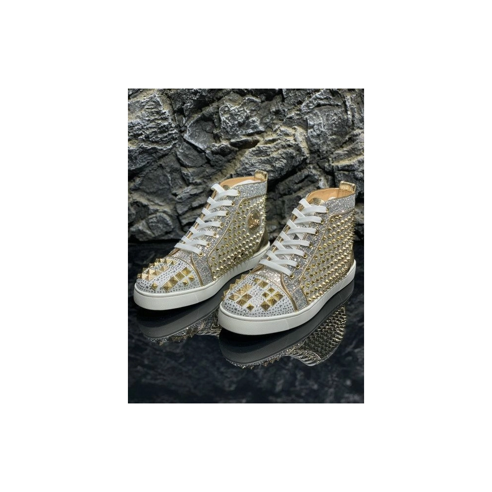 Christian Louboutin Mixkeoshell Flat High-top Sneakers Spikes and Strass Silver Gold Outlet Sale