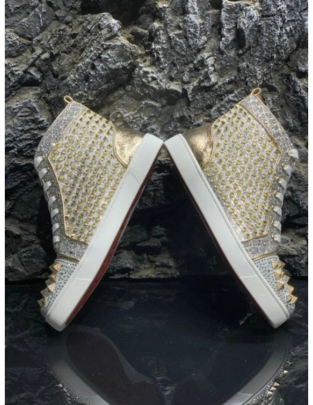 Christian Louboutin Mixkeoshell Flat High-top Sneakers Spikes and Strass Silver Gold Outlet Sale