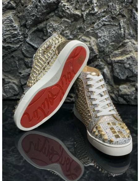 Christian Louboutin Mixkeoshell Flat High-top Sneakers Spikes and Strass Silver Gold Outlet Sale