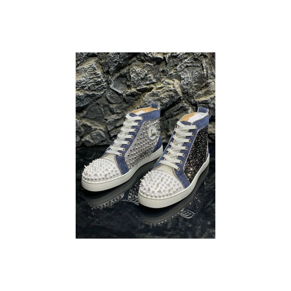 Knockoff Christian Louboutin Lou Pik Pik High-top Sneakers Denim and Strass Blue White