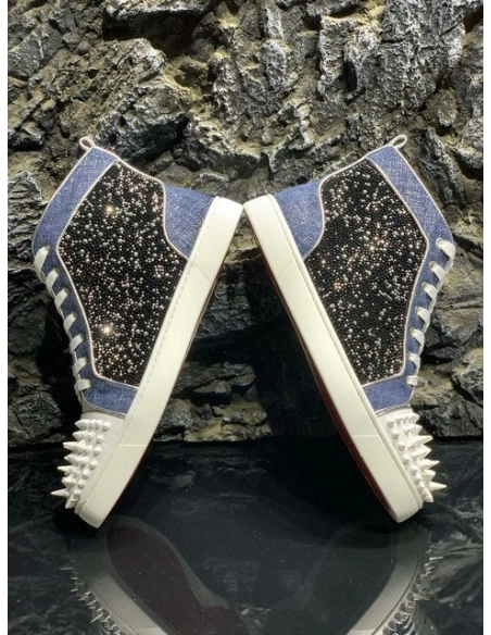 Knockoff Christian Louboutin Lou Pik Pik High-top Sneakers Denim and Strass Blue White