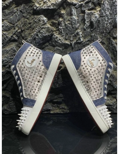 Knockoff Christian Louboutin Lou Pik Pik High-top Sneakers Denim and Strass Blue White