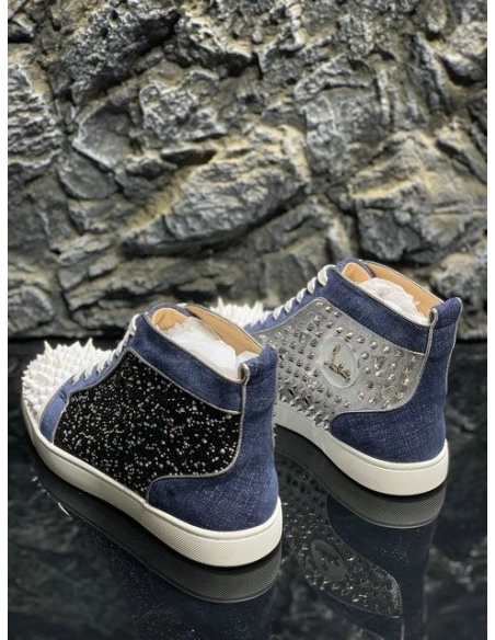 Knockoff Christian Louboutin Lou Pik Pik High-top Sneakers Denim and Strass Blue White