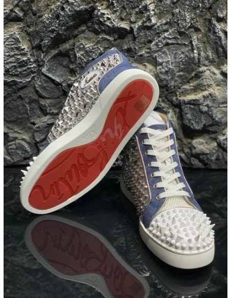 Knockoff Christian Louboutin Lou Pik Pik High-top Sneakers Denim and Strass Blue White