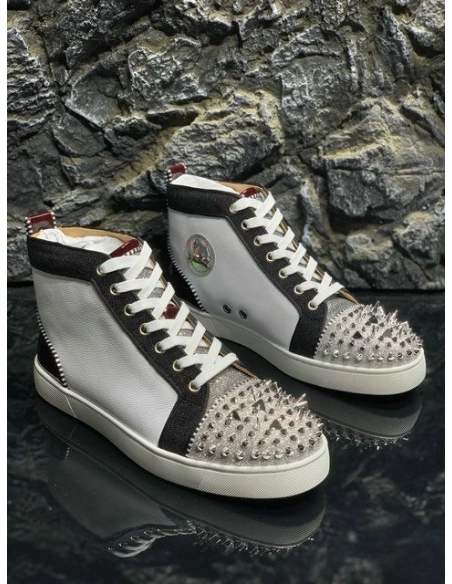 Replica Christian Louboutin Lou Pik Pik High-top Sneakers Calfskin and Glitter Fabric Black White