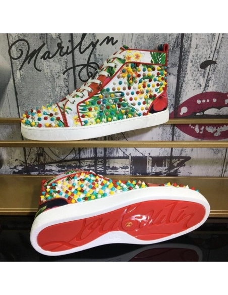 Fake Christian Louboutin Louis Orlato Spikes Men Sneakers Crackled Calfskin Hawaii Print Multicolor