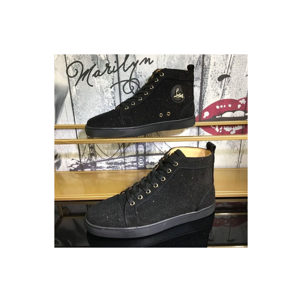Fake Christian Louboutin Louis Strass High-Top Men Sneakers Veau Velours All Black