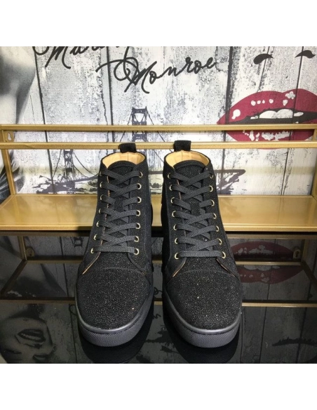 Fake Christian Louboutin Louis Strass High-Top Men Sneakers Veau Velours All Black