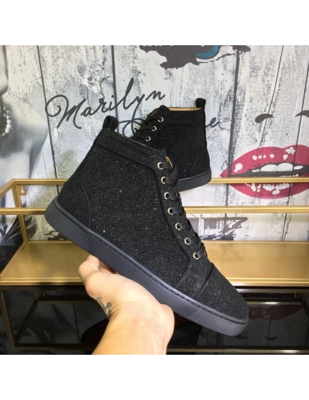 Fake Christian Louboutin Louis Strass High-Top Men Sneakers Veau Velours All Black