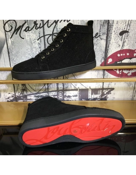 Fake Christian Louboutin Louis Strass High-Top Men Sneakers Veau Velours All Black
